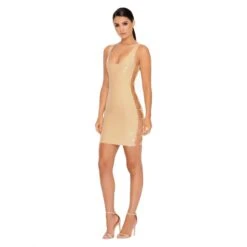 Chain Me Down Cut Out Vinyl Mini Dress In Cream -Glam Dress Store 1173 beige edit5