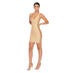 Chain Me Down Cut Out Vinyl Mini Dress In Cream -Glam Dress Store 1173 beige edit6