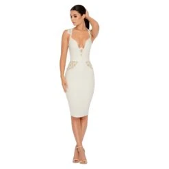 Down In The Deets Lace Plunge Midi Dress In Cream