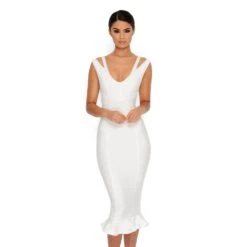 Frill Ride Peplum Hem Midi Dress In White -Glam Dress Store 1415 white main