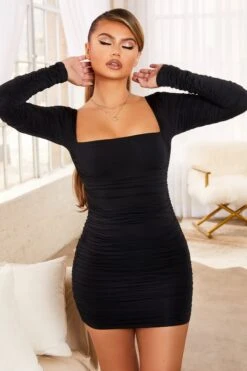 Long Sleeve Bodycon Mini Dress In Black -Glam Dress Store 2254 4 ground rules black ruched square neckline criss cross tie back mini dress