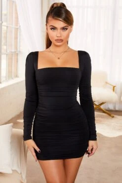 Long Sleeve Bodycon Mini Dress In Black -Glam Dress Store 2254 5 ground rules black ruched square neckline criss cross tie back mini dress