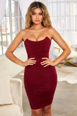 Ruched Bodycon Bandeau Midi Dress In Dark Red