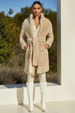 Belted Faux Fur Coat In Cream -Glam Dress Store 2573 3 boss cream belted faux fur longline coat