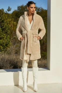 Belted Faux Fur Coat In Cream -Glam Dress Store 2573 4 boss cream belted faux fur longline coat