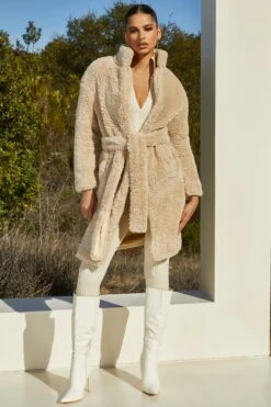 Belted Faux Fur Coat In Cream -Glam Dress Store 2573 5 boss cream belted faux fur longline coat