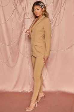 High Waisted Tailored Trousers In Tan -Glam Dress Store 2724 3 business as usual tan long sleeve shoulder pad plunge neck blazer fitted trouser suit 1
