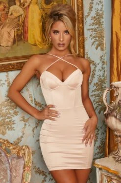 Cross Paths Underwired Satin Mini Dress In Cream 16 Cross Paths Underwired Satin Mini Dress In Cream -Glam Dress Store 2795 6 cross paths cream satin panel bust flattering cross straps mini dress 1
