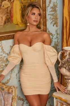 Can’t Get Enough Bardot Puff Sleeve Mini Dress In Cream -Glam Dress Store 2907 4 cant get enough cream off shoulder puff sleeve ruched bustier mini dress