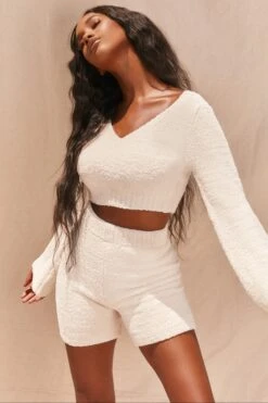 Wide Sleeve Cosy Lounge Top In Ivory -Glam Dress Store 2993 10 easy does it ivory over sized deep v wide sleeve crop top high waisted cycling shorts cosy two piece 1 1