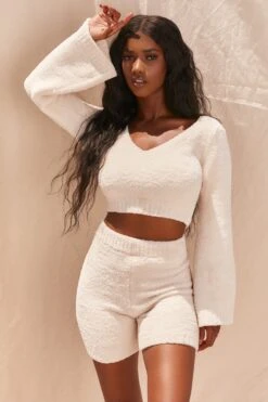 Wide Sleeve Cosy Lounge Top In Ivory -Glam Dress Store 2993 3 easy does it ivory over sized deep v wide sleeve crop top high waisted cycling shorts cosy two piece