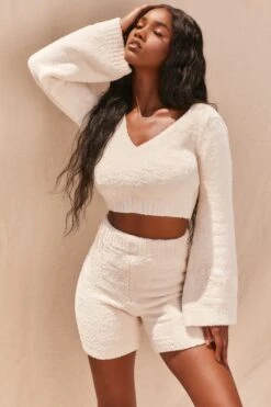 Wide Sleeve Cosy Lounge Top In Ivory -Glam Dress Store 2993 4 easy does it ivory over sized deep v wide sleeve crop top high waisted cycling shorts cosy two piece
