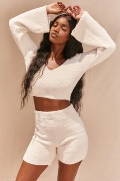 Wide Sleeve Cosy Lounge Top In Ivory -Glam Dress Store 2993 5 easy does it ivory over sized deep v wide sleeve crop top high waisted cycling shorts cosy two piece 5b3ea35b a5ec 4e68 86cf 4b41aea74346