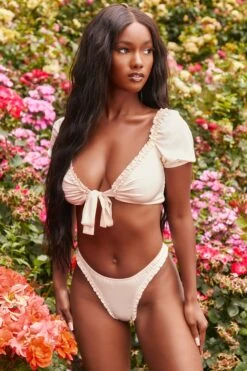 Ruffle Satin Thong In Champagne 15 Ruffle Satin Thong In Champagne -Glam Dress Store 3151 1 beautyqueen champagne tie front ruffled top bottoms silky two piece 1