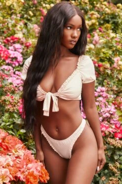 Ruffle Satin Thong In Champagne 16 Ruffle Satin Thong In Champagne -Glam Dress Store 3151 2 beautyqueen champagne tie front ruffled top bottoms silky two piece 1