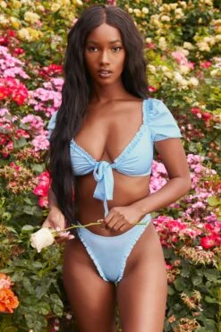 Ruffle Satin Thong In Blue -Glam Dress Store 3151 8 beautyqueen blue tie front ruffled top bottoms silky two piece