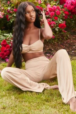 Ruched Satin Bralet In Gold -Glam Dress Store 3155 10 famed gold silk bralette wide leg trousers two piece set 4
