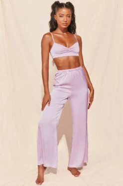 Ruched Satin Bralet In Lavender -Glam Dress Store 3155 2 famed lavender silk bralette wide leg trousers two piece set 5