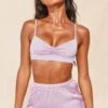 Ruched Satin Bralet In Lavender -Glam Dress Store 3155 3 famed lavender silk bralette wide leg trousers two piece set 2 3
