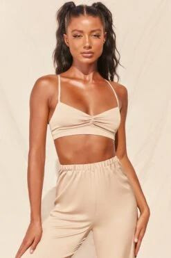 Ruched Satin Bralet In Gold -Glam Dress Store 3155 4 famed gold silk bralette wide leg trousers two piece set