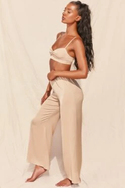 Ruched Satin Bralet In Gold -Glam Dress Store 3155 6 famed gold silk bralette wide leg trousers two piece set