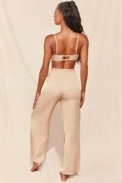 Ruched Satin Bralet In Gold -Glam Dress Store 3155 7 famed gold silk bralette wide leg trousers two piece set