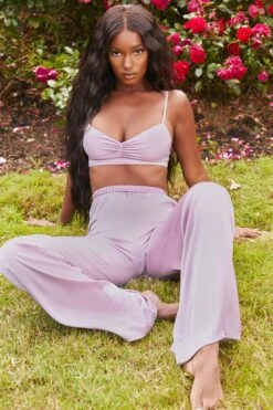 Ruched Satin Bralet In Lavender -Glam Dress Store 3155 8 famed lavender silk bralette wide leg trousers two piece set 5