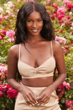 Ruched Satin Bralet In Gold -Glam Dress Store 3155 9 famed gold silk bralette wide leg trousers two piece set 2