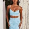 Satin Shirred Mini Skirt In Turquoise -Glam Dress Store 3184 5 summer fever turquoise shirred bust flattering crop top frilled mini skirt set 1