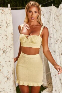 Crinkle Mini Skirt In Yellow -Glam Dress Store 3189 4 two to tango yellow shirred ruffled ruched two piece set 3