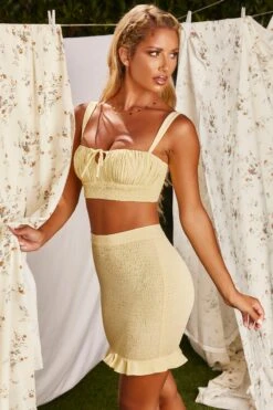 Crinkle Mini Skirt In Yellow -Glam Dress Store 3189 9 two to tango yellow shirred ruffled ruched two piece set 3