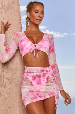 Mesh Tie Front Crop Top In Pink Tie Dye
