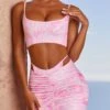 Imitation Thong Ruched Mini Skirt In Pink Tie Dye -Glam Dress Store 3304 5 island trip tie dye pink crop top ruched cut out strappy waist mini skirt two piece set