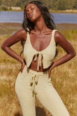 Cosy Tie Front Crop Top In Yellow -Glam Dress Store 3338 cute doing nothing 3342 lounge club 10 yellow tie front cosy lounge crop top leggings two piece set