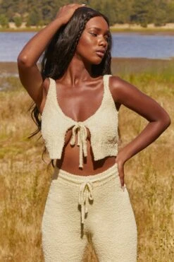 Cosy Tie Front Crop Top In Yellow -Glam Dress Store 3338 cute doing nothing 3342 lounge club 7 yellow tie front cosy lounge crop top leggings two piece set