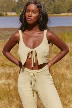 Cosy Tie Front Crop Top In Yellow -Glam Dress Store 3338 cute doing nothing 3342 lounge club 8 yellow tie front cosy lounge crop top leggings two piece set