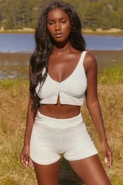 Cosy Button Front Crop Top In White