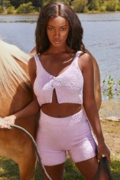 Cosy Button Front Crop Top In Lilac