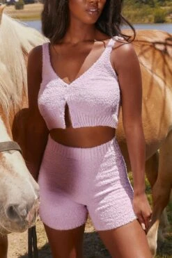 Cosy Button Front Crop Top In Lilac -Glam Dress Store 3343 happy place 3339 me time 8 lilac button front strap v neck crop top high waist shorts cozy lounge set 2