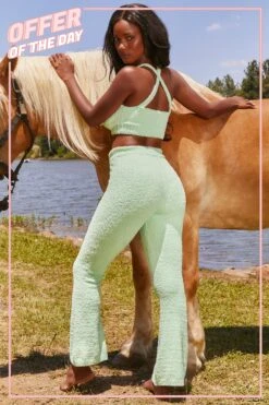 Until Further Notice Cosy Flared Leg Trousers In Green -Glam Dress Store 3343 happy place 3341 until further notice 10 green crop top high waist trousers cosy lounge set 3