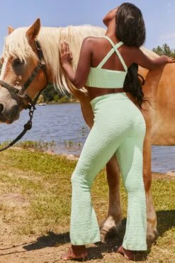 Until Further Notice Cosy Flared Leg Trousers In Green -Glam Dress Store 3343 happy place 3341 until further notice 11 green crop top high waist trousers cosy lounge set