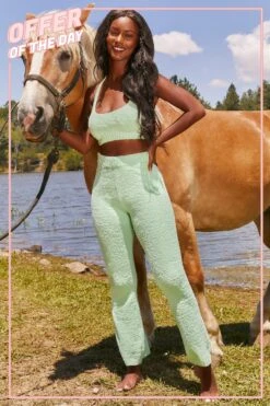 Until Further Notice Cosy Flared Leg Trousers In Green -Glam Dress Store 3343 happy place 3341 until further notice 3 green crop top high waist trousers cosy lounge set 3