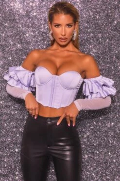 Bardot Long Ruffle Sleeve Corset Crop Top In Lilac