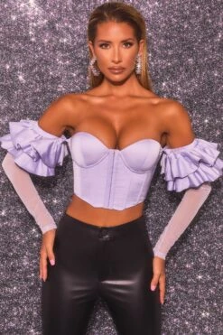 Bardot Long Ruffle Sleeve Corset Crop Top In Lilac -Glam Dress Store 3383 5 love charm lilac clasp front long ruffle sleeve corset crop top