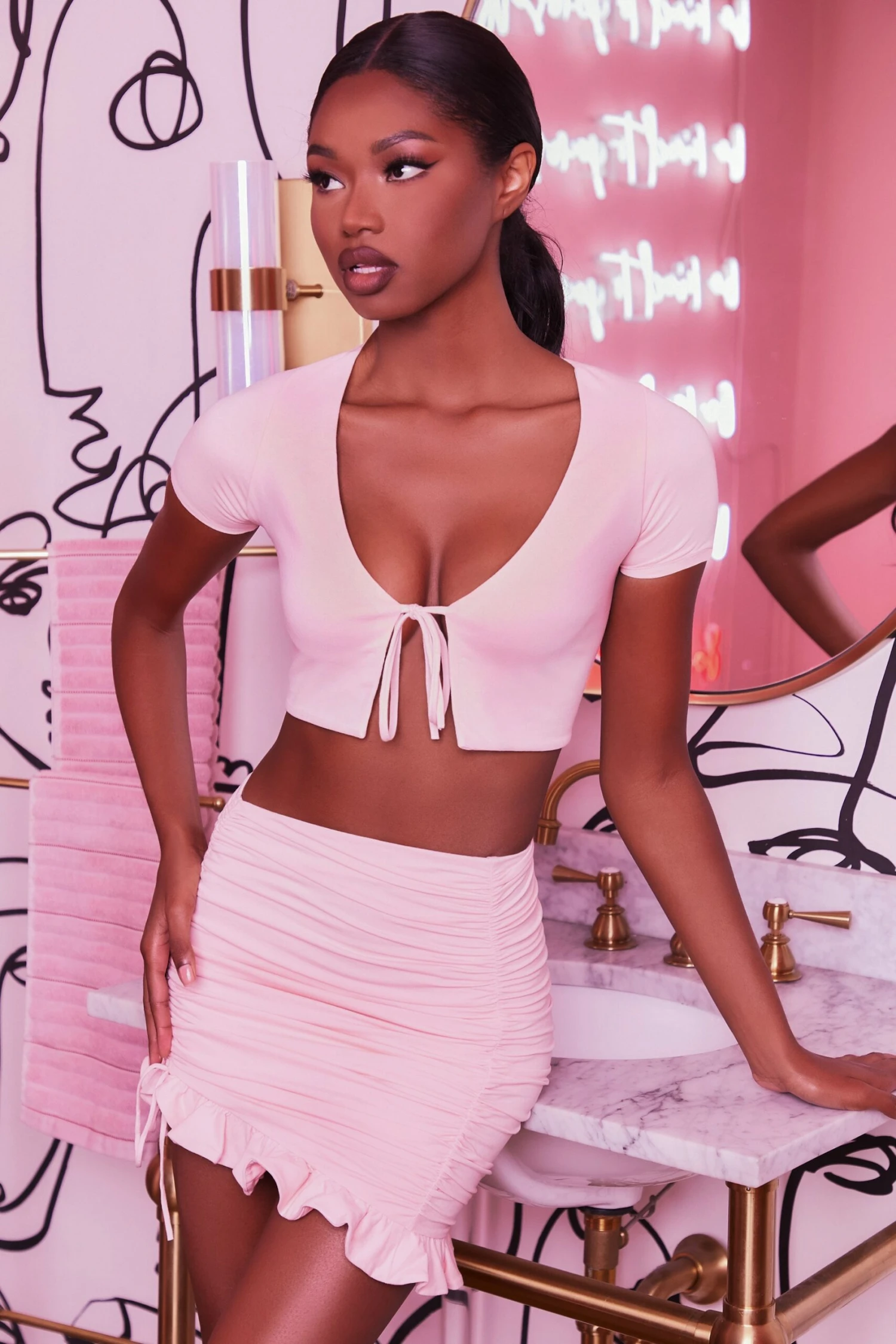 Ruched Bodycon Mini Skirt In Blush 3 Ruched Bodycon Mini Skirt In Blush