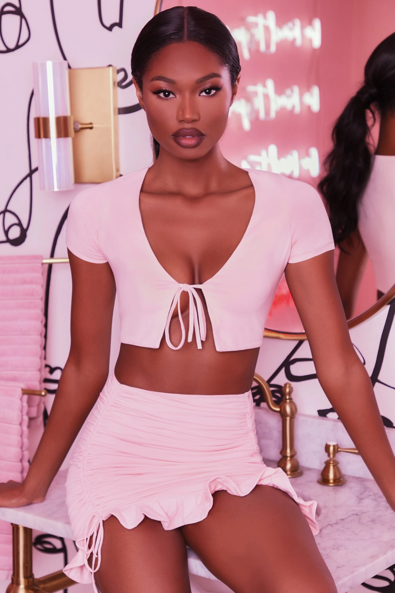 Ruched Bodycon Mini Skirt In Blush 6 Ruched Bodycon Mini Skirt In Blush - Image 4