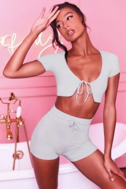 Bodycon Mini Shorts In Grey -Glam Dress Store 3400 no ties 3095 no plans 5 grey tie open front crop top elastic toggle short two piece set 2