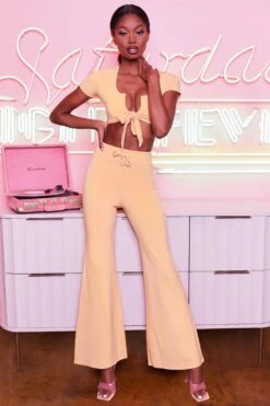 Laid Back Wide Leg Trousers In Peach -Glam Dress Store 3401 take the plunge 3097 laid back 2 peach high waisted flare trousers plunge front tie capped sleeve crop top 13 5 f00f9c28 90c5 4765 90a4 9d1c874f1626