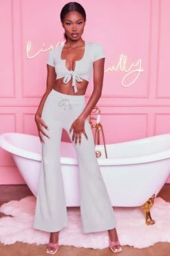 Laid Back Wide Leg Trousers In Grey -Glam Dress Store 3401 take the plunge 3097 laid back 5 grey tie front crop top wide leg trousers lounge two piece 3