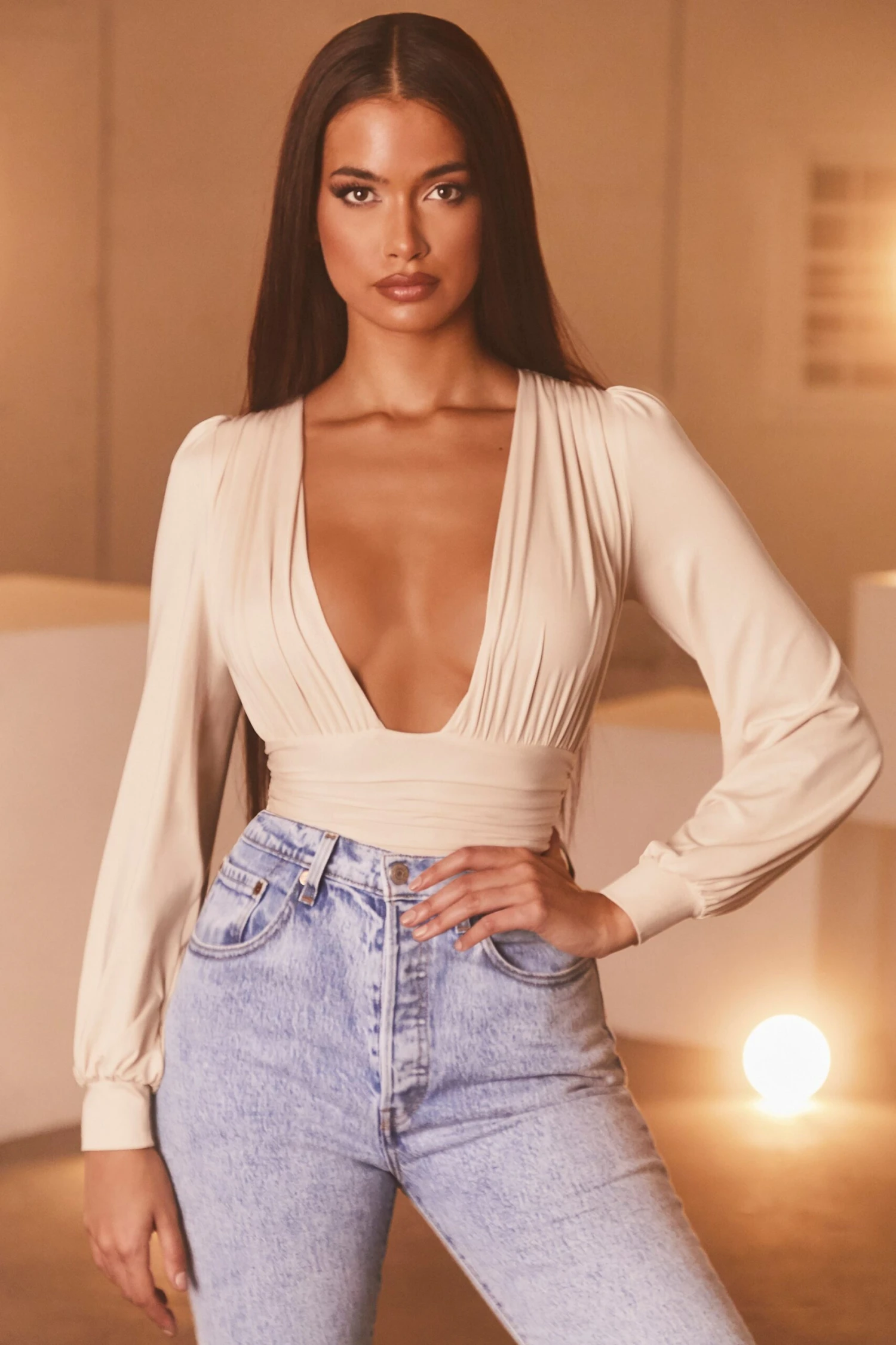 Plunge Neck Long Sleeve Bodysuit In Cream 6 Plunge Neck Long Sleeve Bodysuit In Cream - Image 4